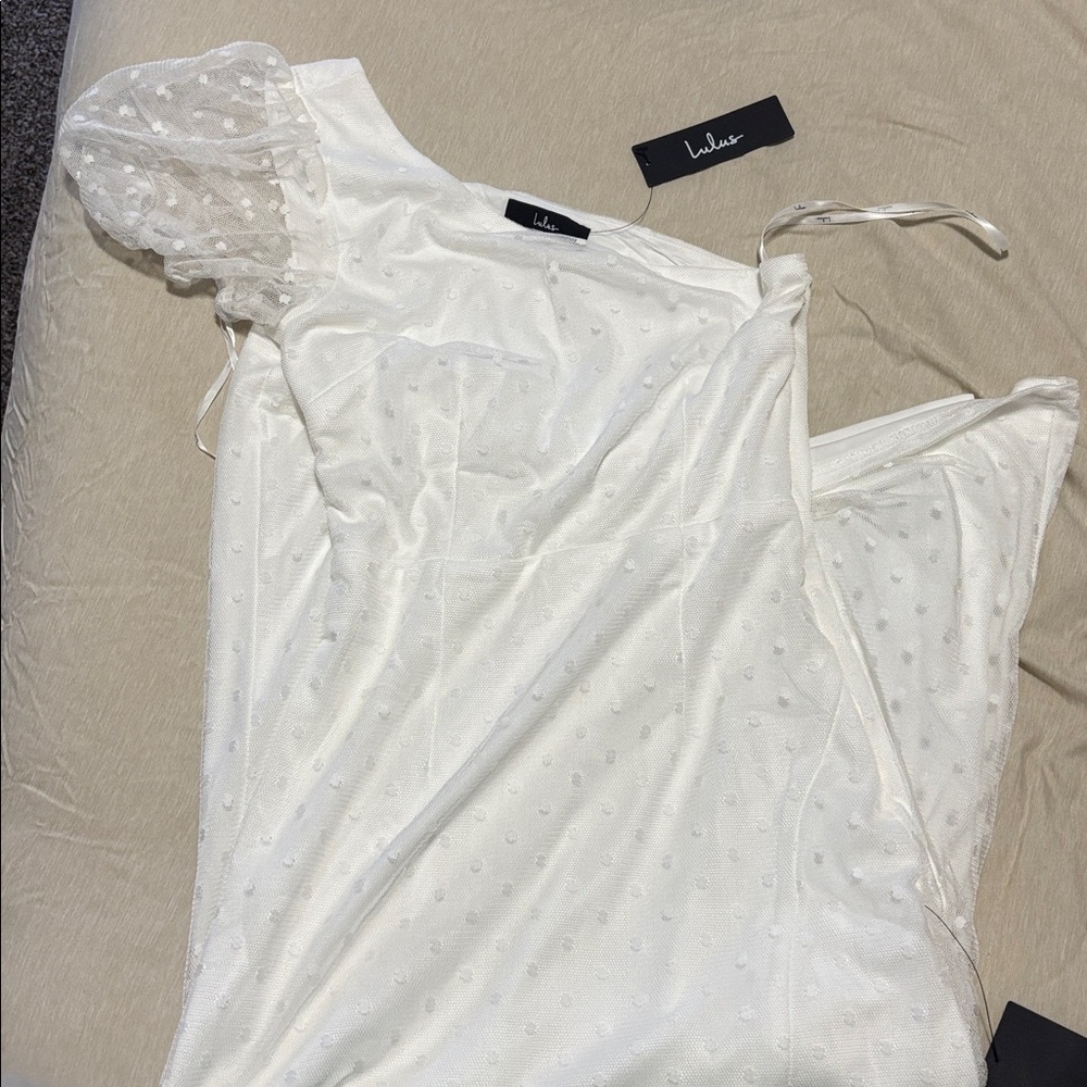 Lulu's Ivory Polka Dot Dress with Sheer Puff Sleeves